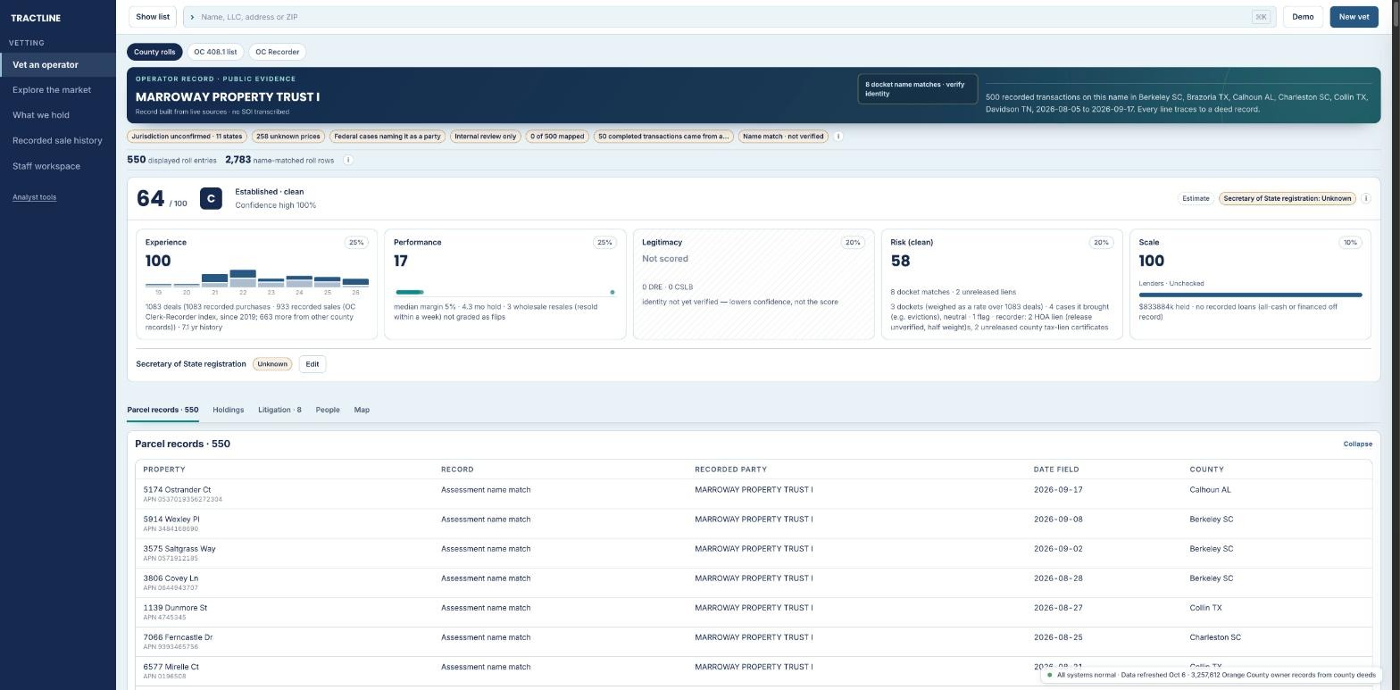 Tractline operator record: Marroway Property Trust I scored 64 out of 100, grade C, with five weighted categories and the first rows of 550 parcel records
